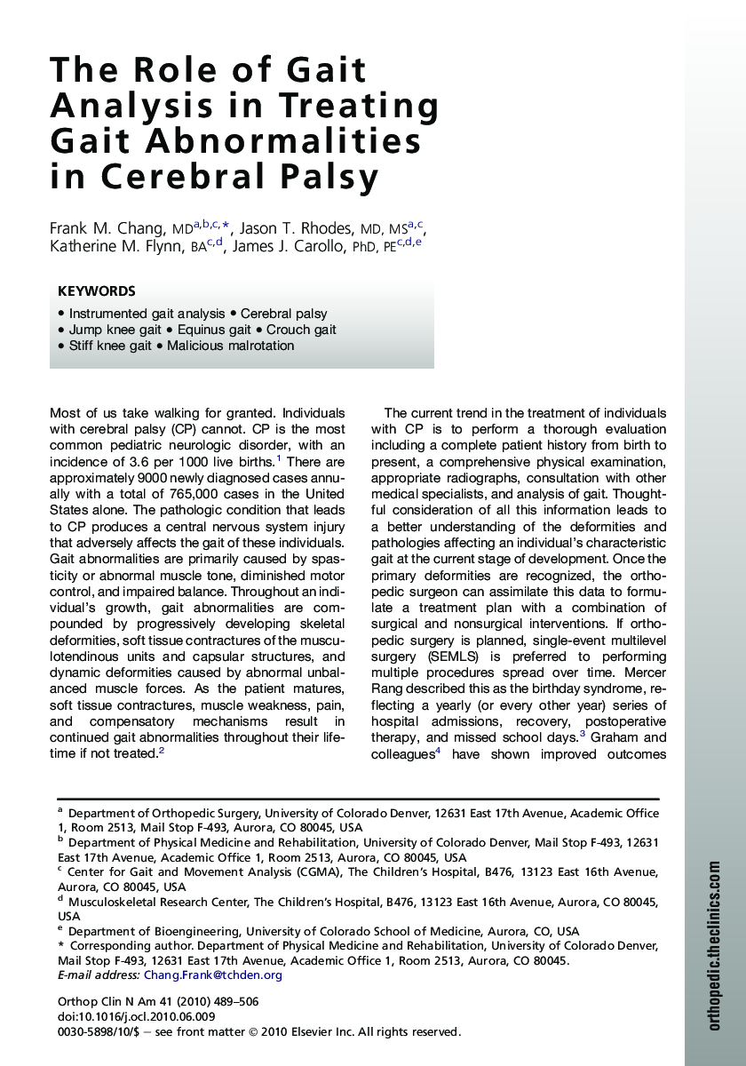 The Role of Gait Analysis in Treating Gait Abnormalities in Cerebral Palsy