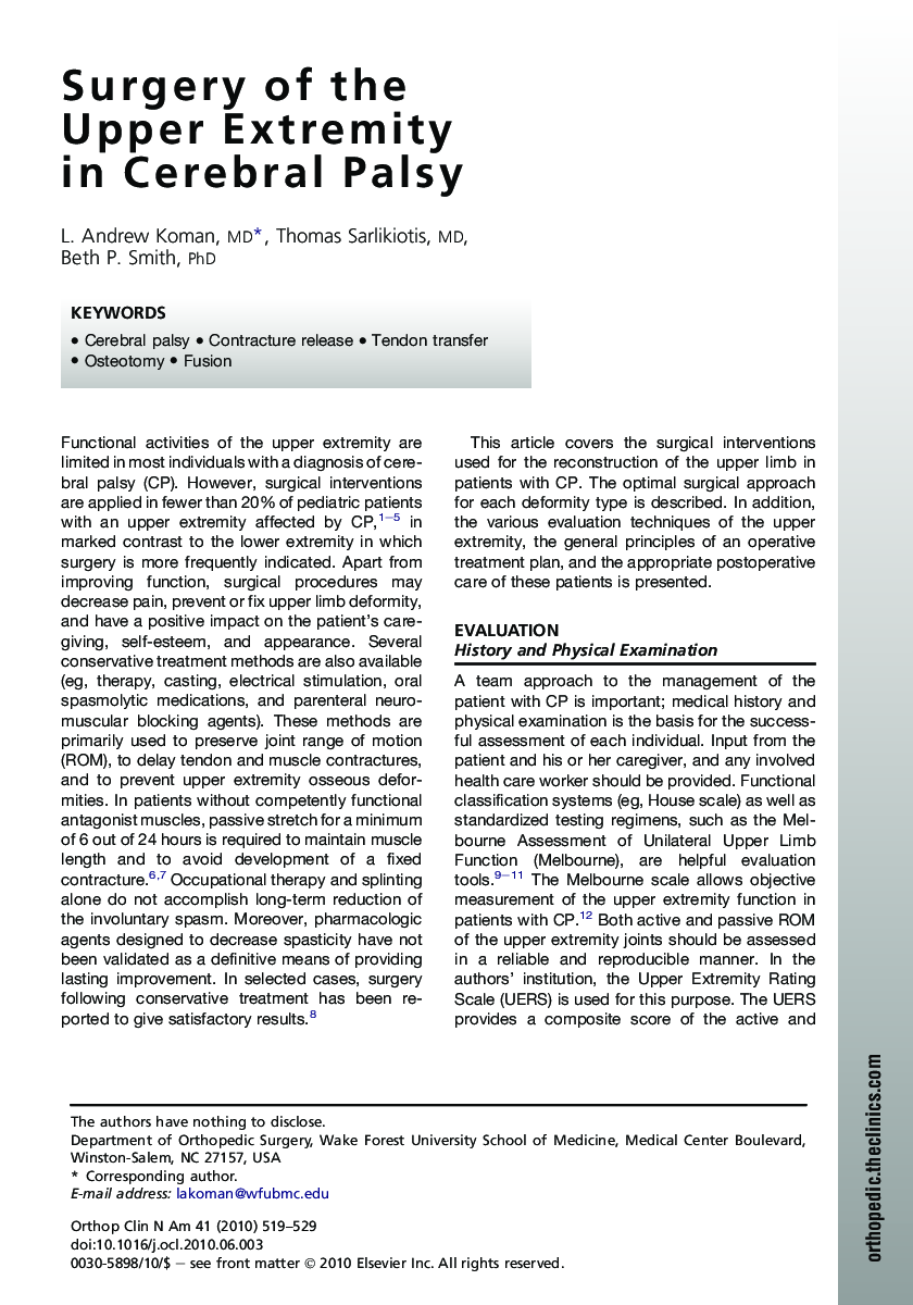 Surgery of the Upper Extremity in Cerebral Palsy