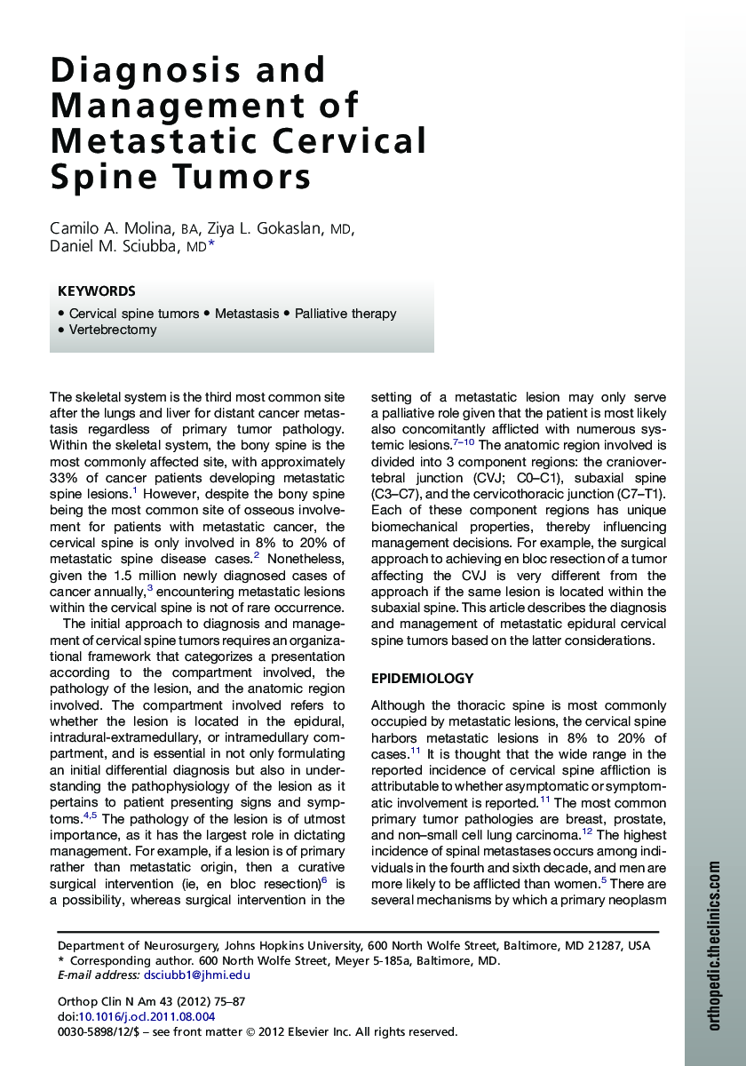 Diagnosis and Management of Metastatic Cervical Spine Tumors