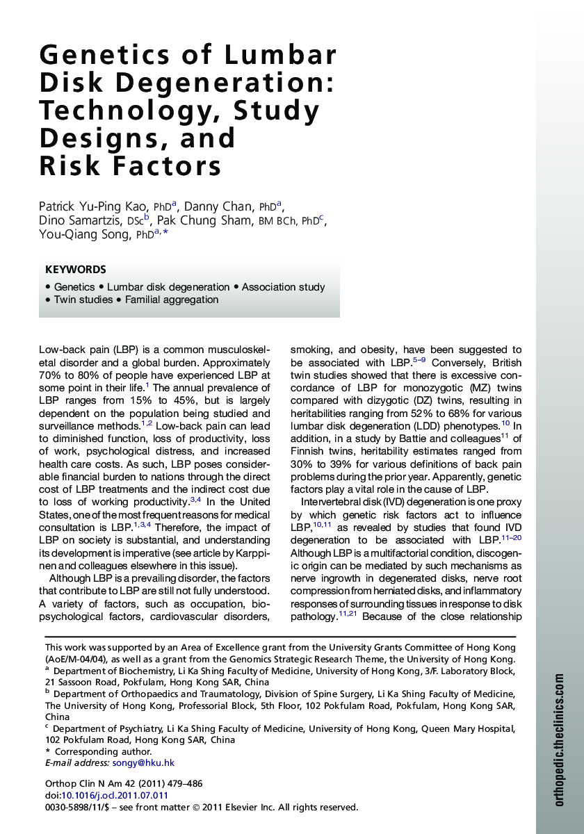 Genetics of Lumbar Disk Degeneration: Technology, Study Designs, and RiskÂ Factors