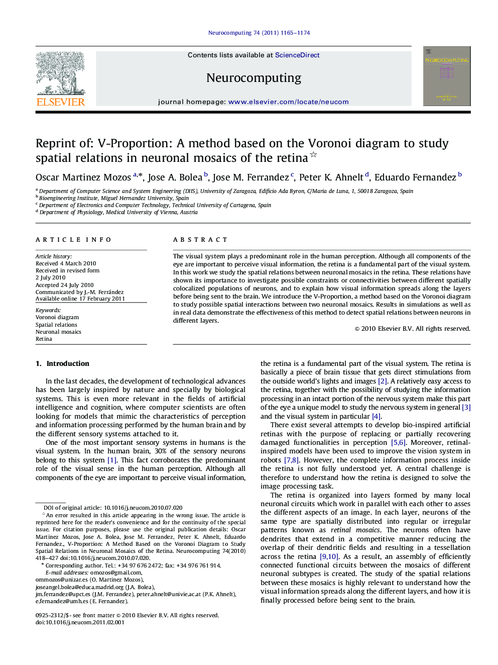 Reprint of: V-Proportion: A method based on the Voronoi diagram to study spatial relations in neuronal mosaics of the retina 