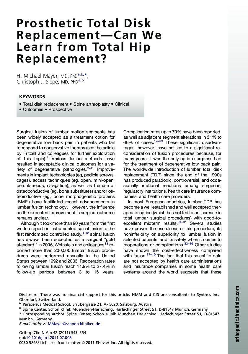 Prosthetic Total Disk Replacement-Can We Learn from Total Hip Replacement?