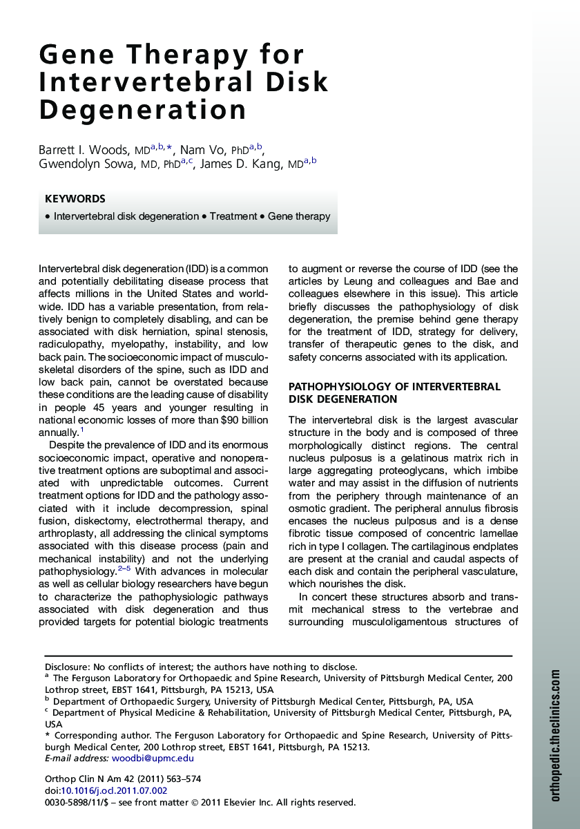 Gene Therapy for Intervertebral Disk Degeneration