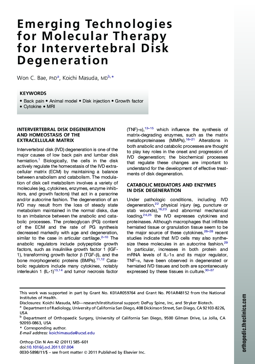 Emerging Technologies for Molecular Therapy for Intervertebral Disk Degeneration