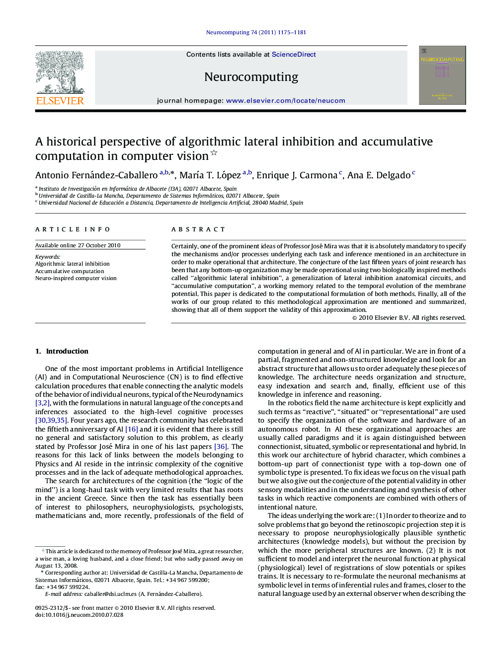 A historical perspective of algorithmic lateral inhibition and accumulative computation in computer vision 