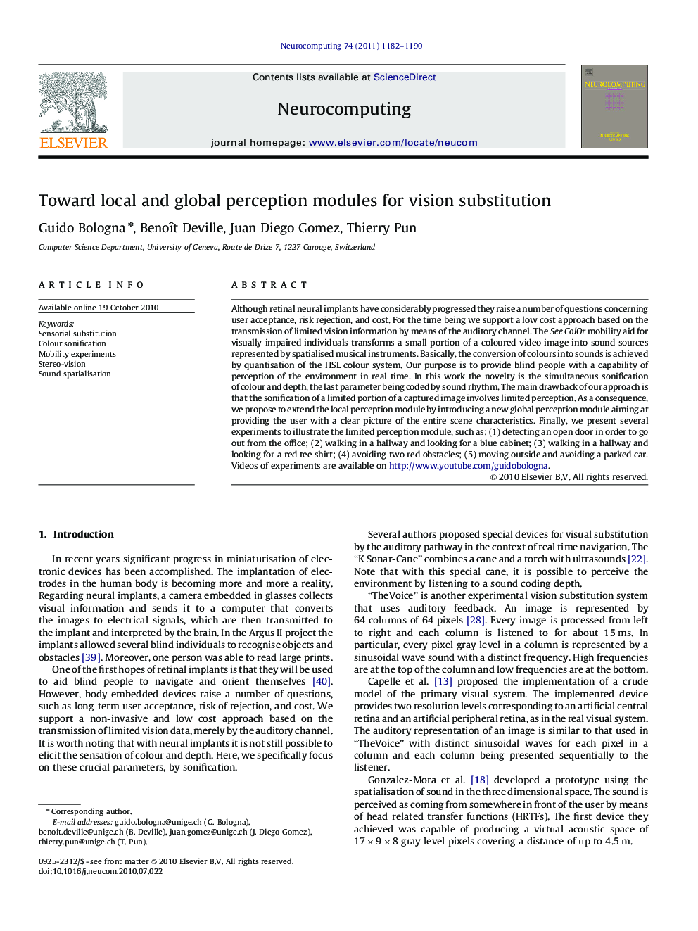 Toward local and global perception modules for vision substitution