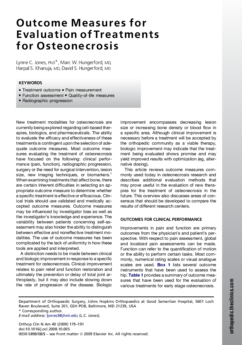 Outcome Measures for Evaluation of Treatments for Osteonecrosis