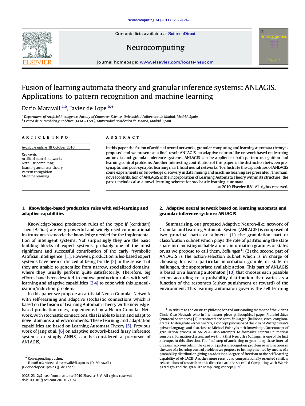 Fusion of learning automata theory and granular inference systems: ANLAGIS. Applications to pattern recognition and machine learning