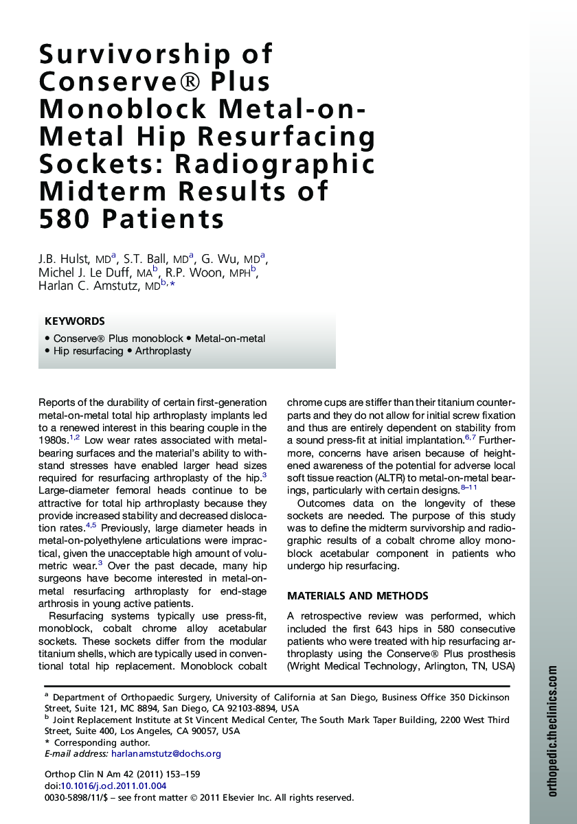 Survivorship of Conserve® Plus Monoblock Metal-on-Metal Hip Resurfacing Sockets: Radiographic Midterm Results of 580 Patients