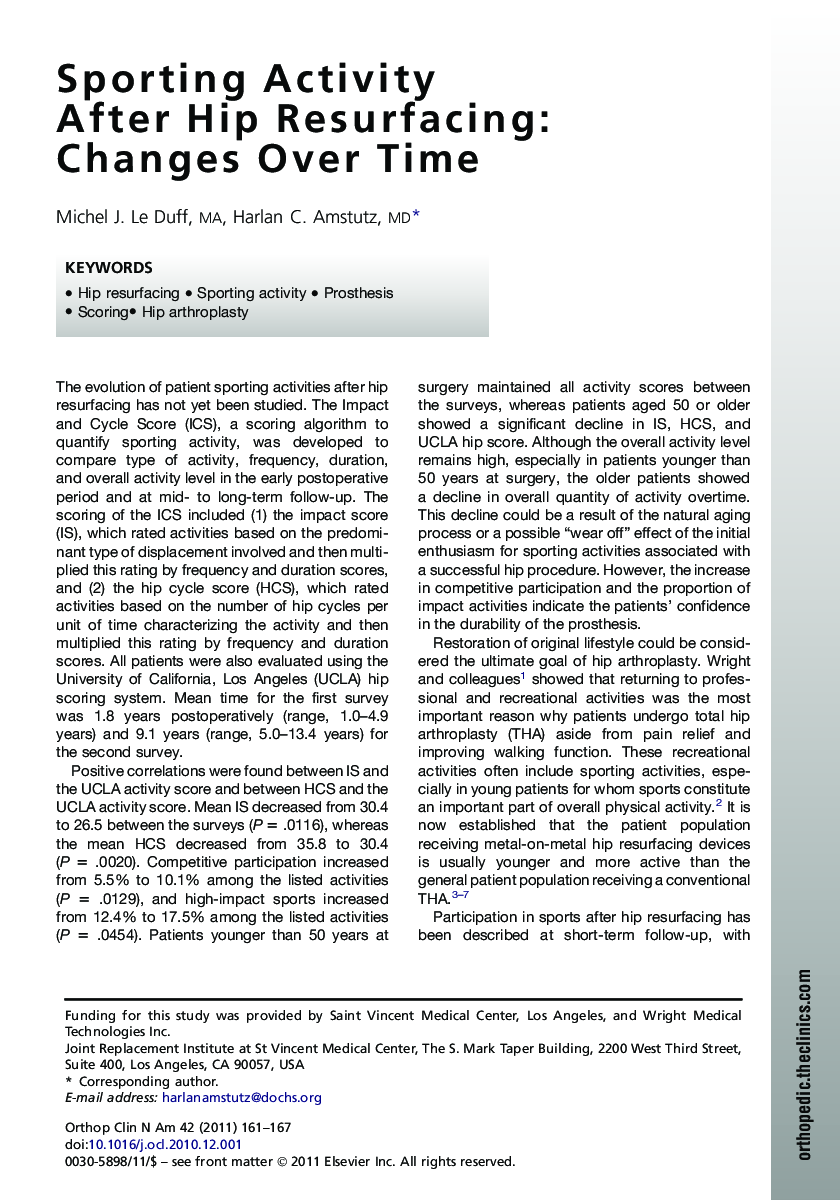 Sporting Activity After Hip Resurfacing: Changes Over Time