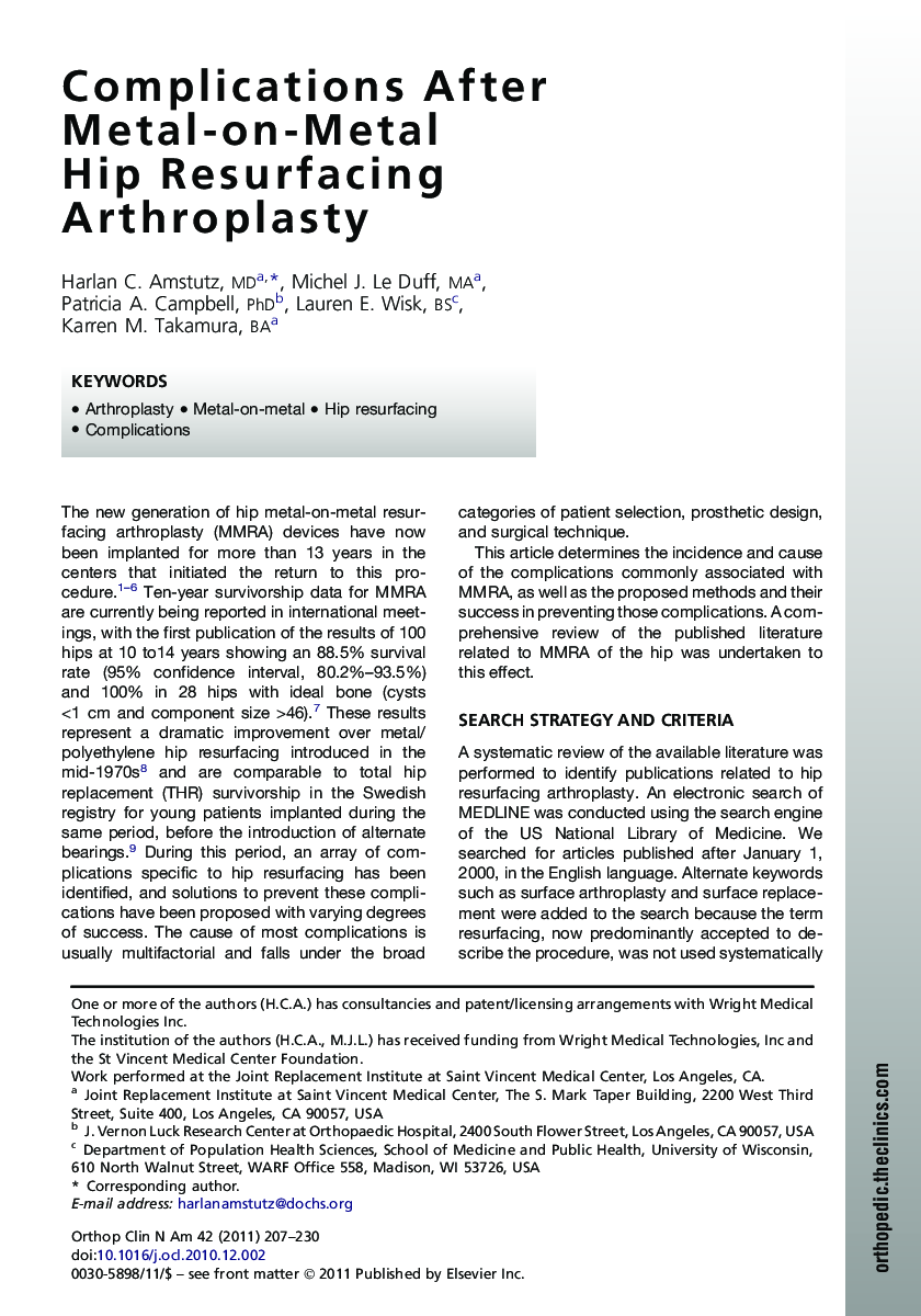 Complications After Metal-on-Metal Hip Resurfacing Arthroplasty