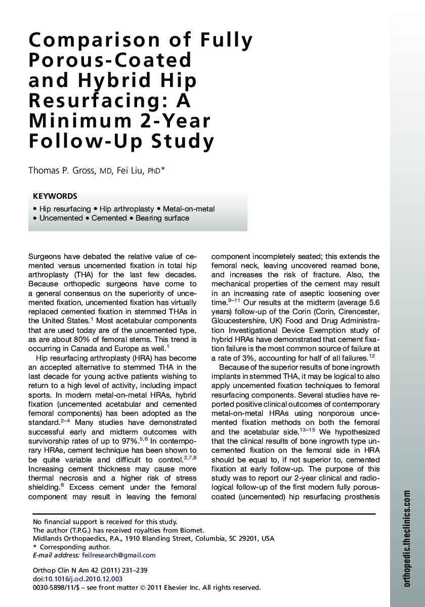 Comparison of Fully Porous-Coated and Hybrid Hip Resurfacing: A Minimum 2-Year Follow-Up Study