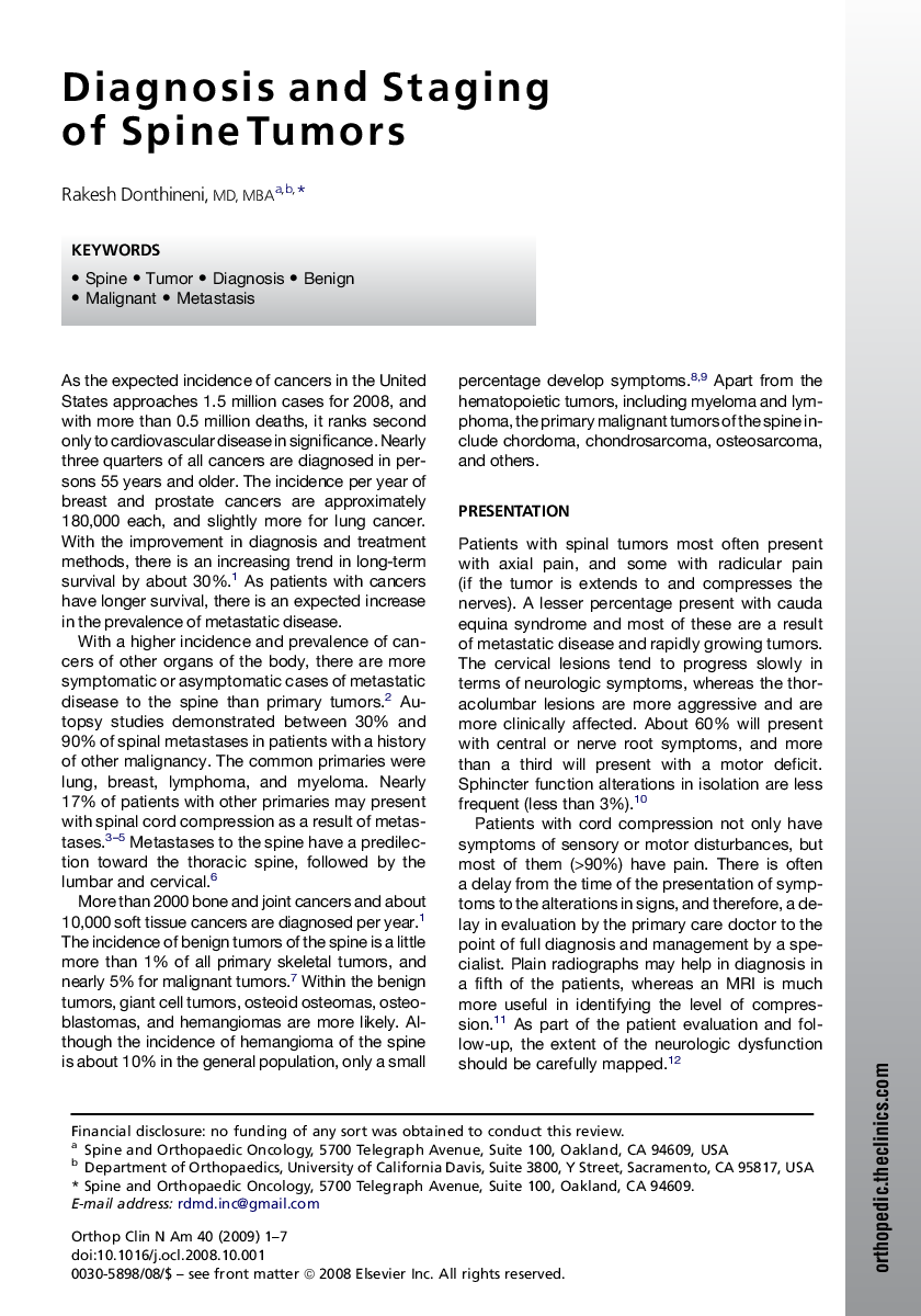 Diagnosis and Staging of Spine Tumors 