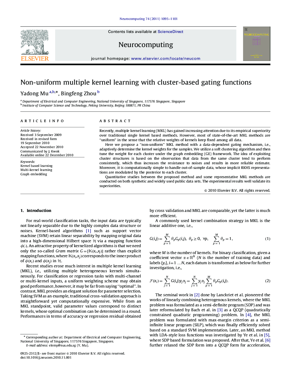 Non-uniform multiple kernel learning with cluster-based gating functions