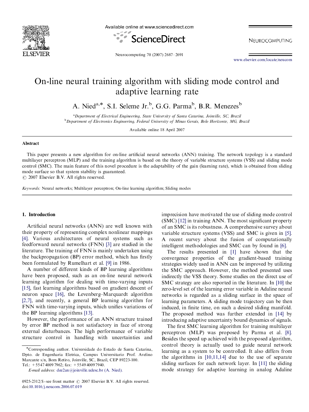 On-line neural training algorithm with sliding mode control and adaptive learning rate