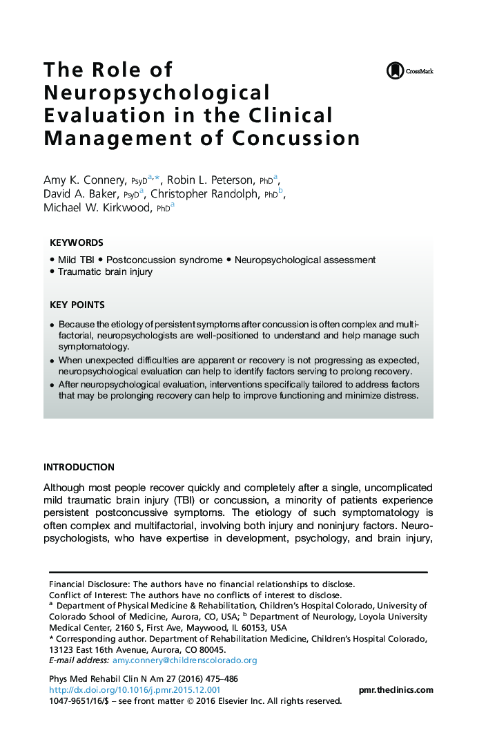 The Role of Neuropsychological Evaluation in the Clinical Management of Concussion