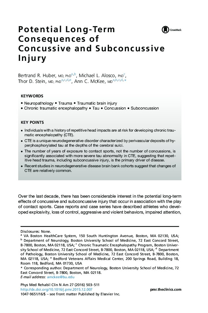 Potential Long-Term Consequences of Concussive and Subconcussive Injury