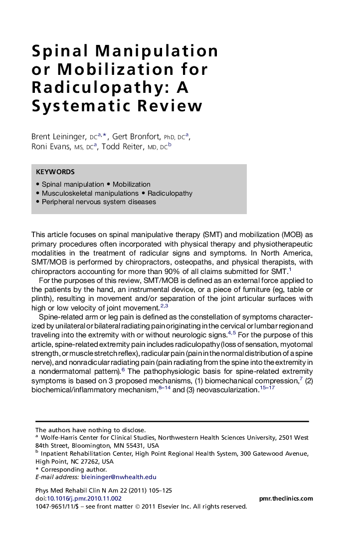 Spinal Manipulation or Mobilization for Radiculopathy: A Systematic Review