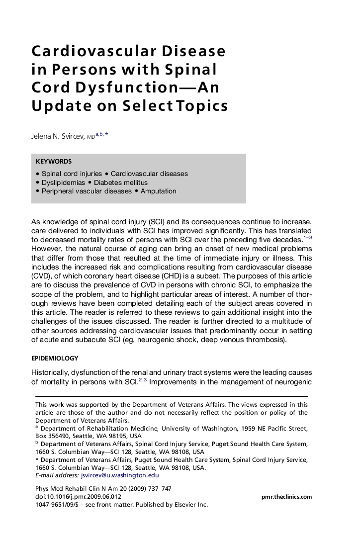 Cardiovascular Disease in Persons with Spinal Cord Dysfunction-An Update on Select Topics