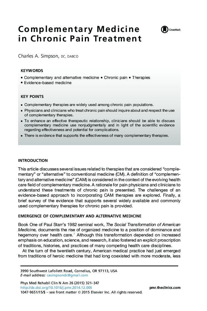 Complementary Medicine in Chronic Pain Treatment