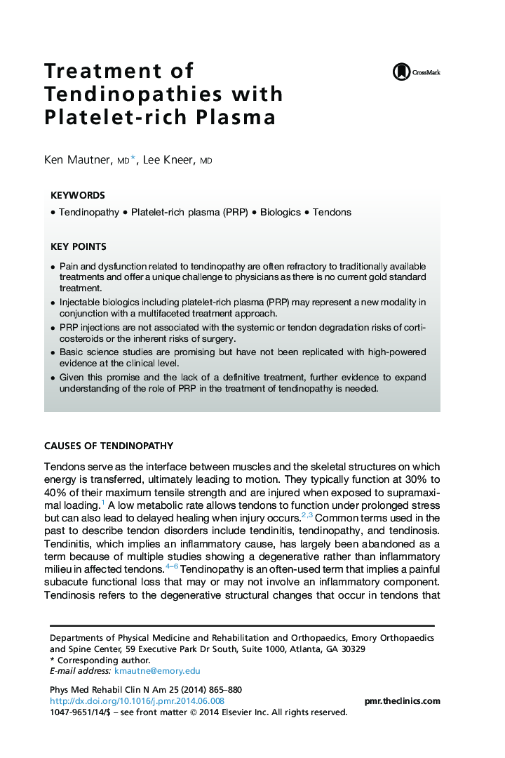 Treatment of Tendinopathies with Platelet-rich Plasma