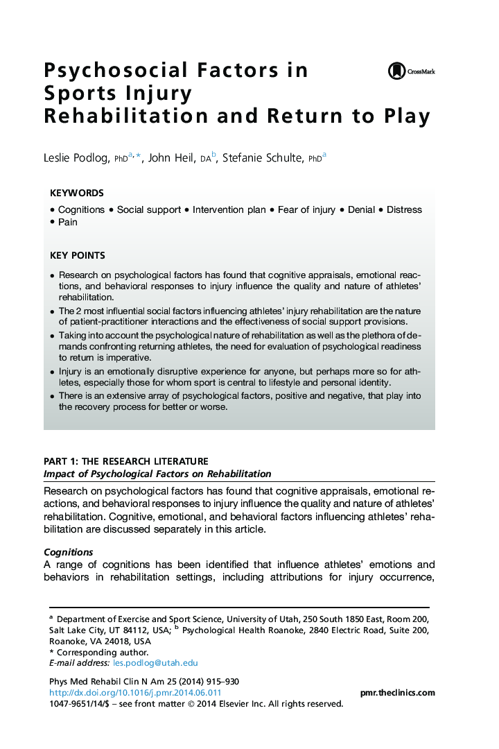 Psychosocial Factors in Sports Injury Rehabilitation and Return to Play