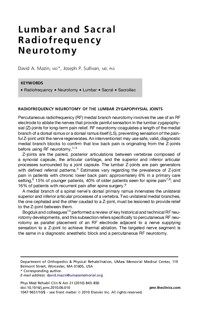 Lumbar and Sacral Radiofrequency Neurotomy