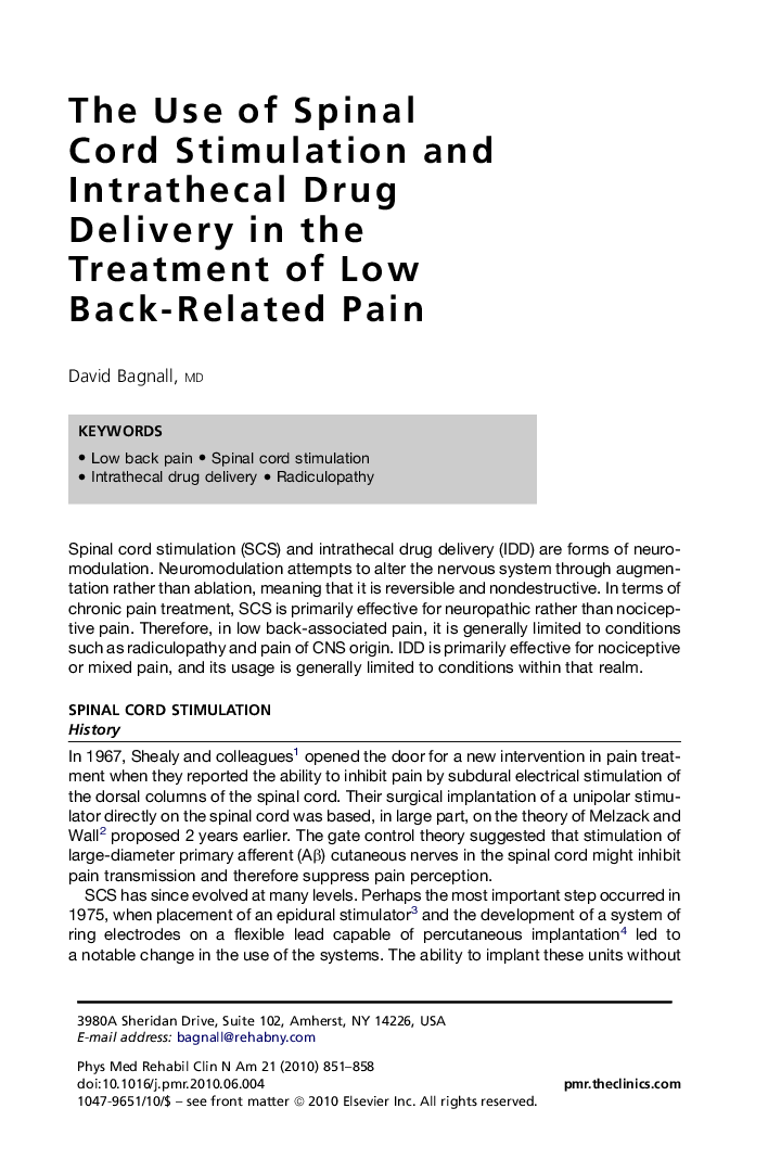 The Use of Spinal Cord Stimulation and Intrathecal Drug Delivery in the Treatment of Low Back-Related Pain