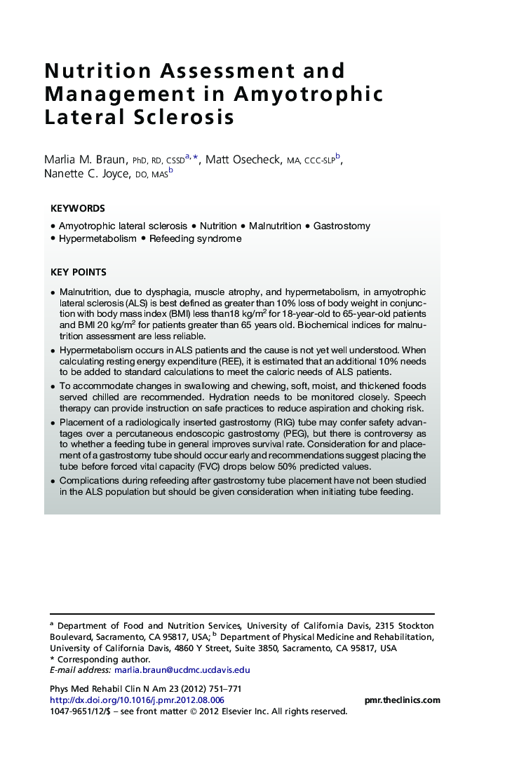 Nutrition Assessment and Management in Amyotrophic Lateral Sclerosis