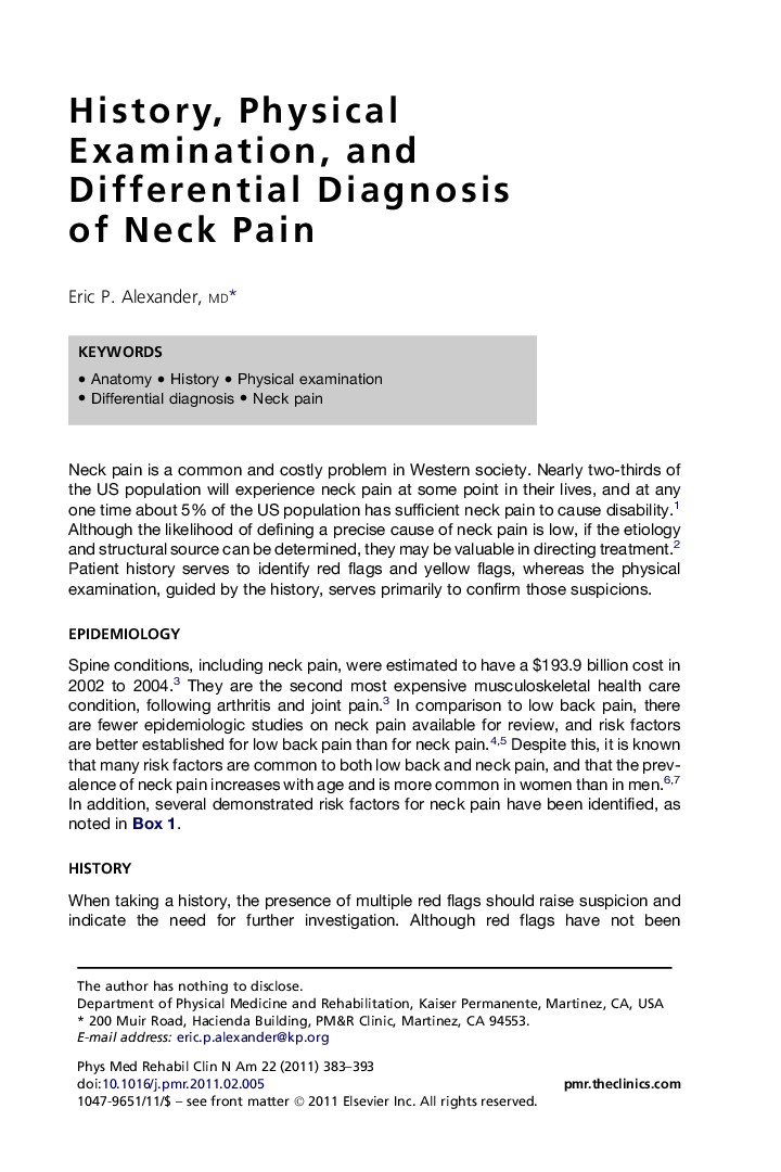 History, Physical Examination, and Differential Diagnosis of Neck Pain