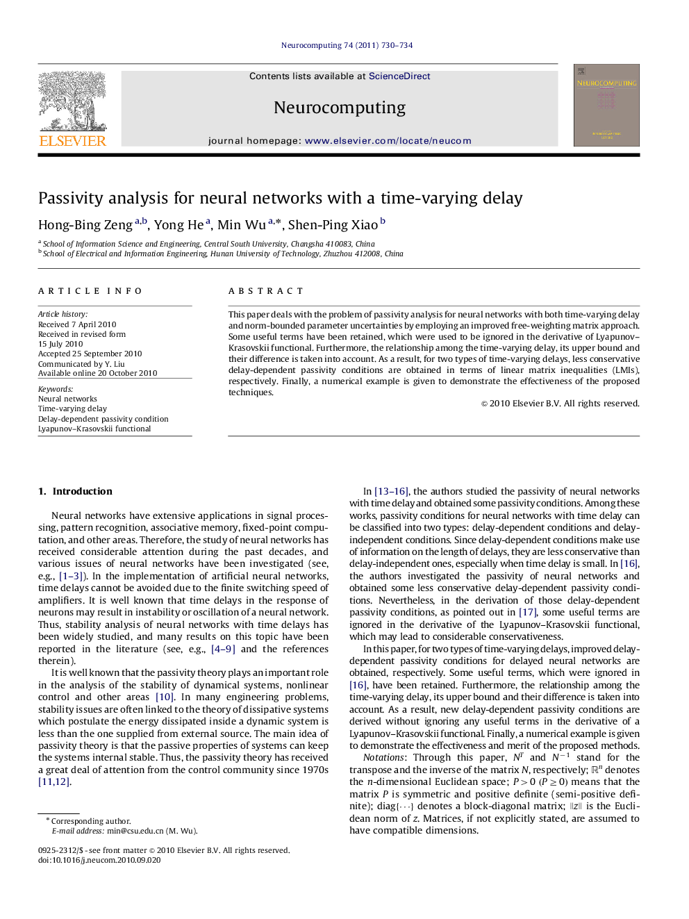 Passivity analysis for neural networks with a time-varying delay