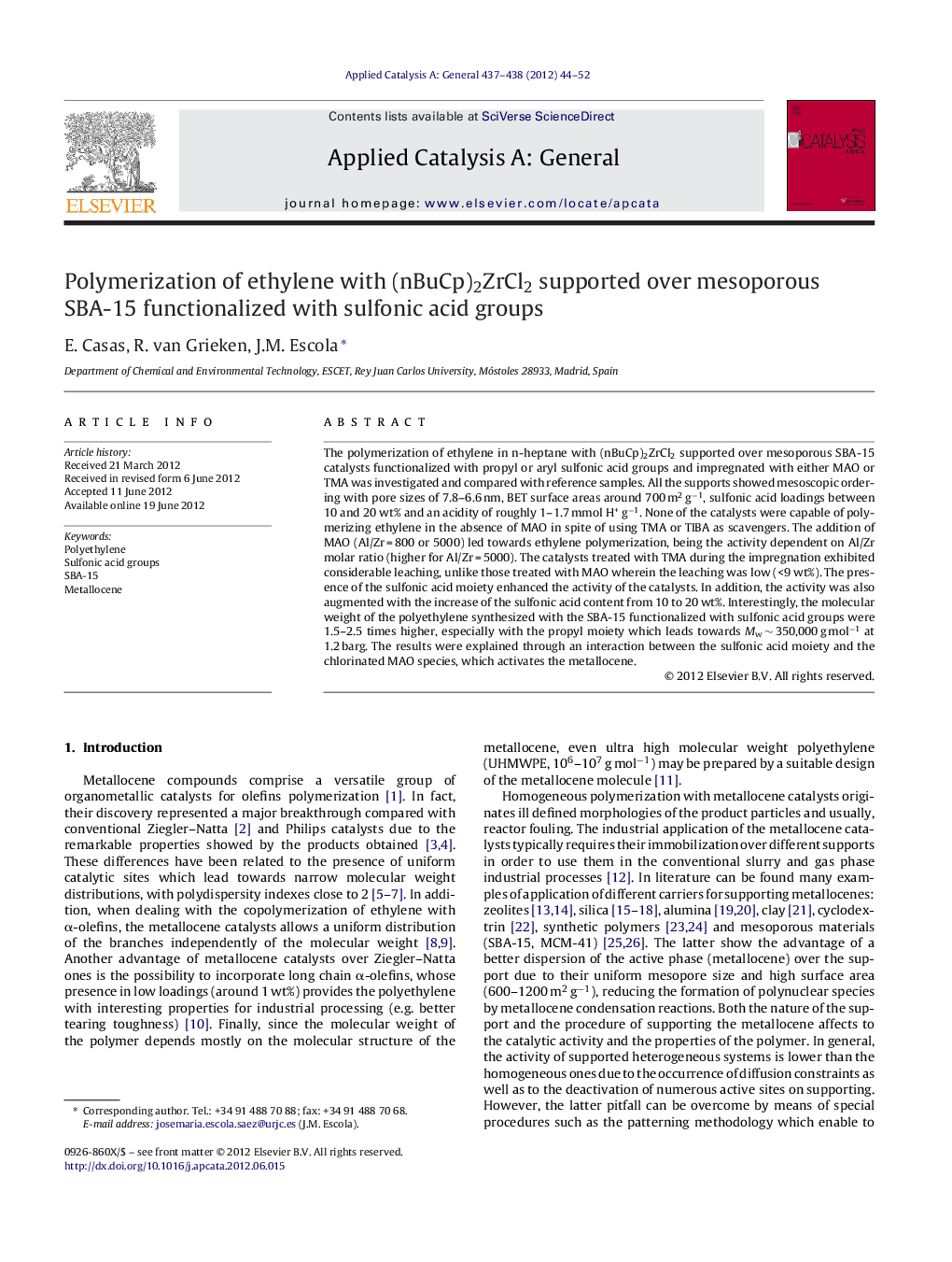 Polymerization of ethylene with (nBuCp)2ZrCl2 supported over mesoporous SBA-15 functionalized with sulfonic acid groups