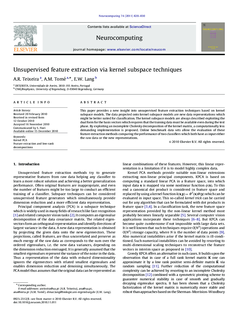 Unsupervised feature extraction via kernel subspace techniques