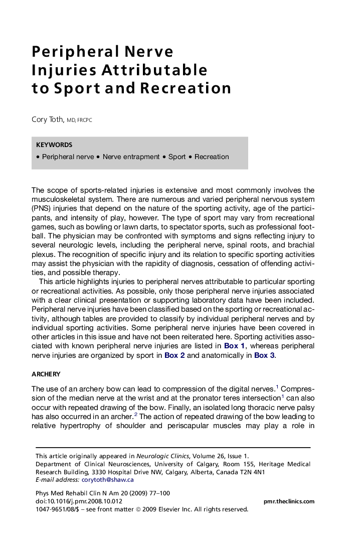 Peripheral Nerve Injuries Attributable to Sport and Recreation 