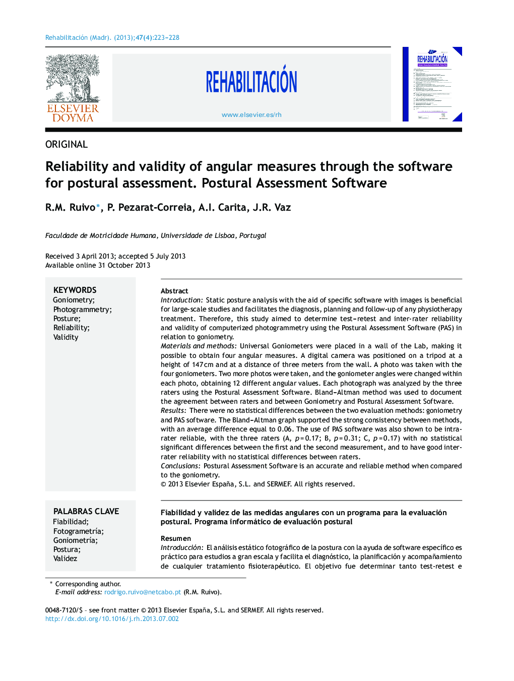 Reliability and validity of angular measures through the software for postural assessment. Postural Assessment Software