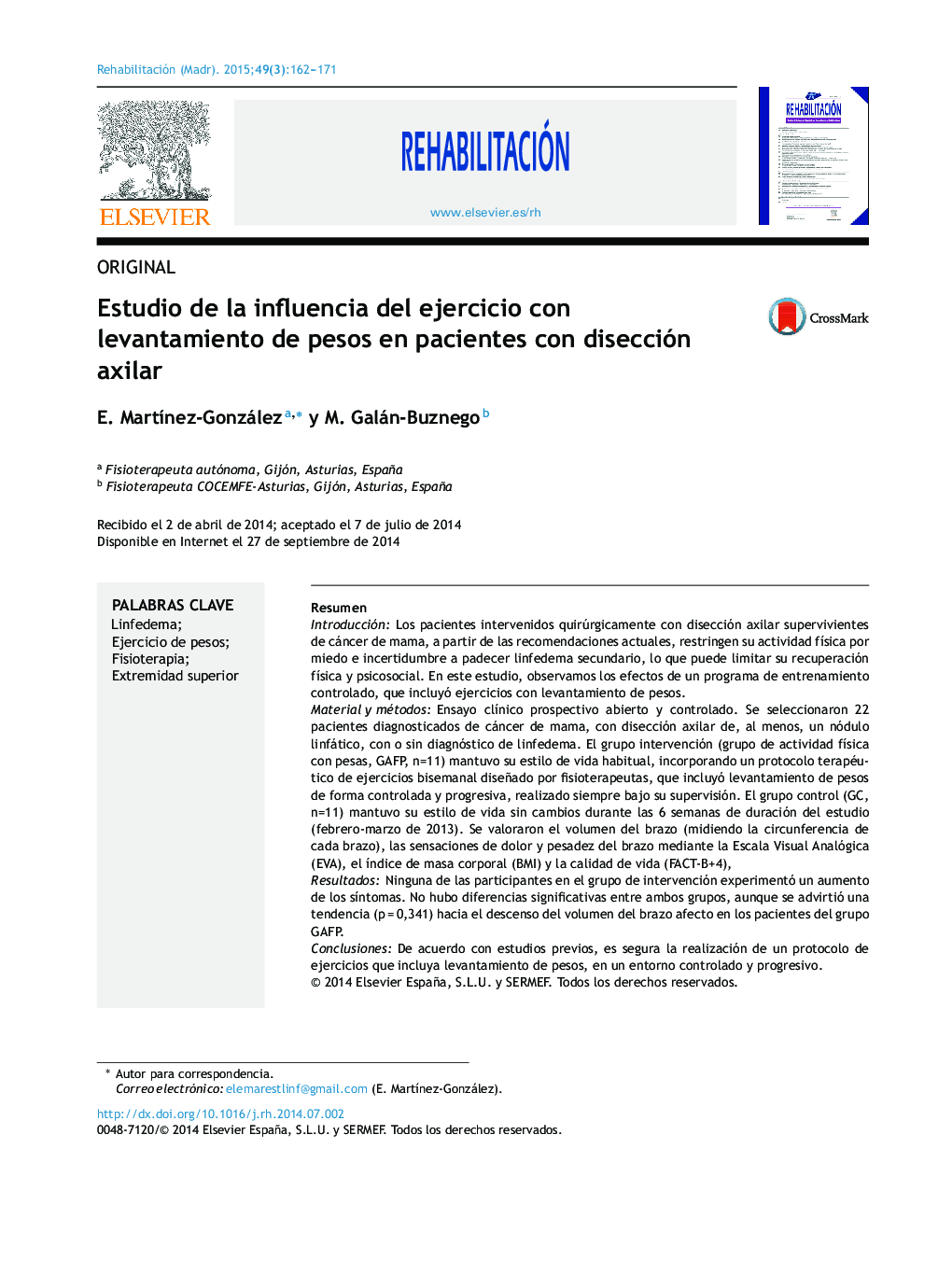 Estudio de la influencia del ejercicio con levantamiento de pesos en pacientes con disección axilar