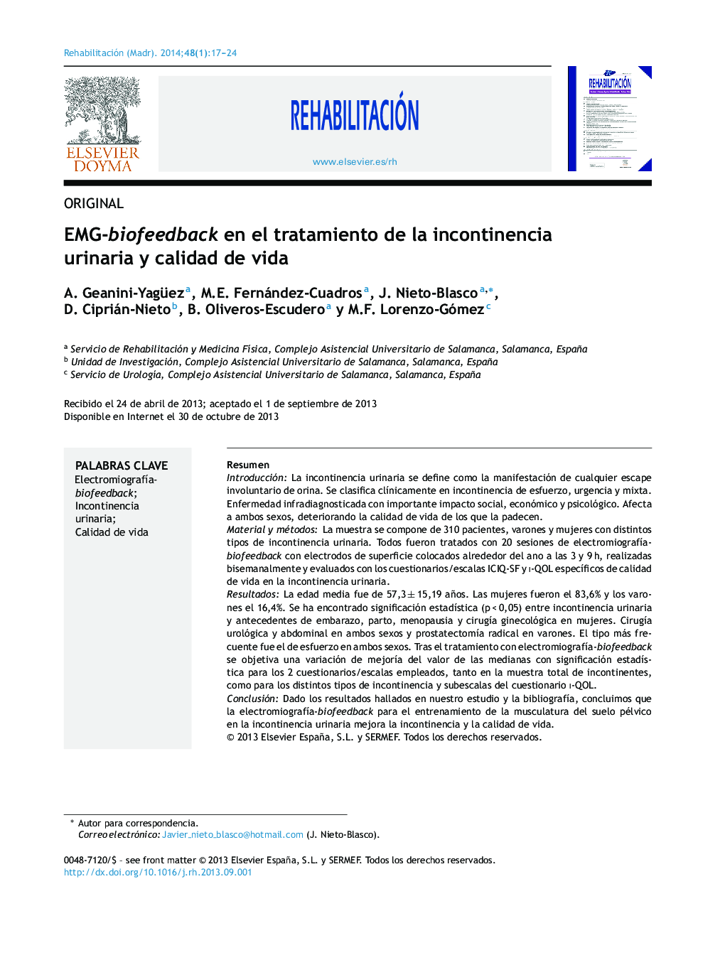 EMG-biofeedback en el tratamiento de la incontinencia urinaria y calidad de vida