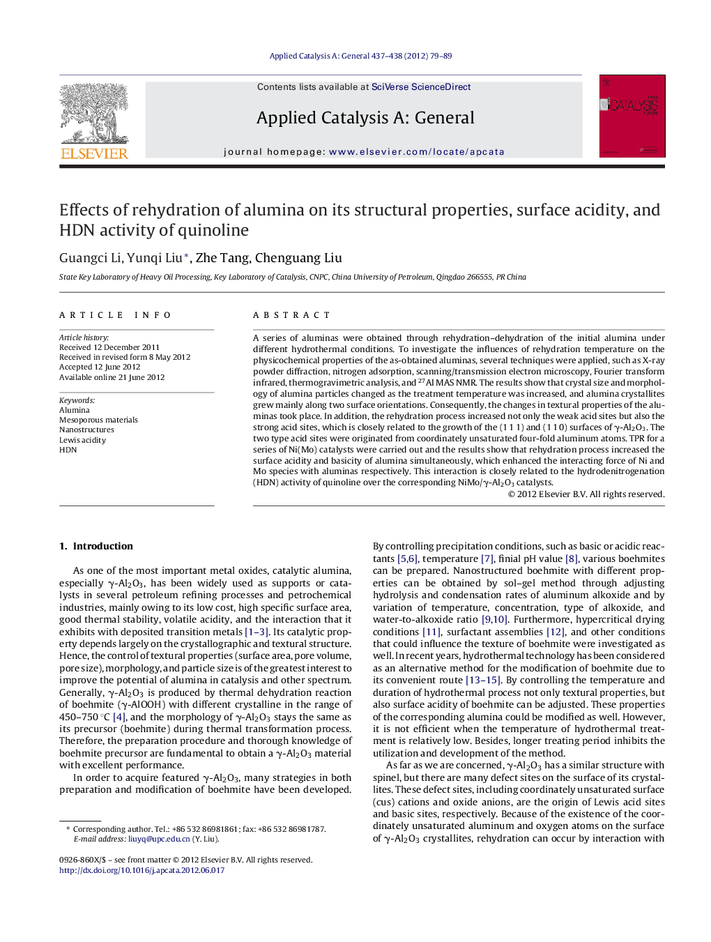 Effects of rehydration of alumina on its structural properties, surface acidity, and HDN activity of quinoline