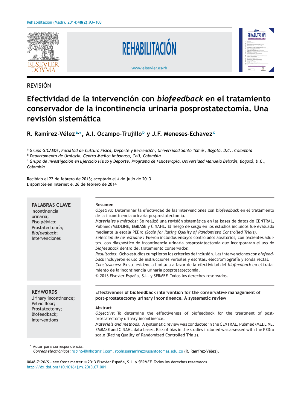 Efectividad de la intervención con biofeedback en el tratamiento conservador de la incontinencia urinaria posprostatectomía. Una revisión sistemática