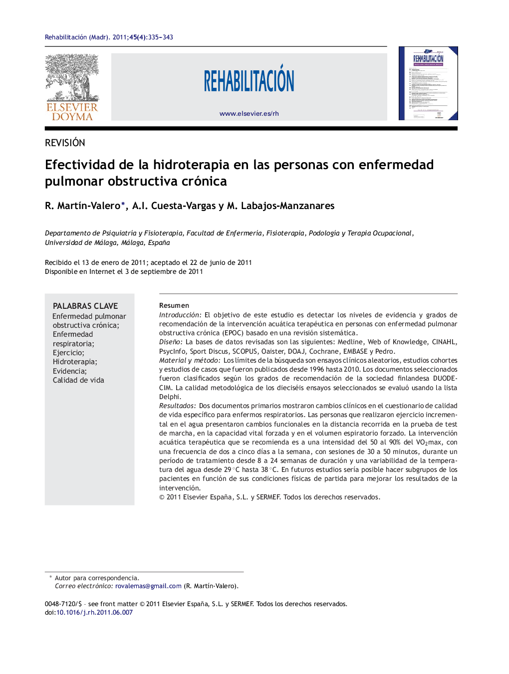عکس صفحه اول مقاله: Efectividad de la hidroterapia en las personas con enfermedad pulmonar obstructiva crónica Efectividad de la hidroterapia en las personas con enfermedad pulmonar obstructiva crónica