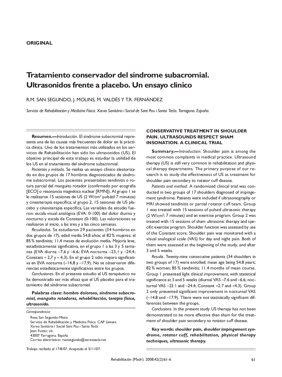 Tratamiento conservador del síndrome subacromial. Ultrasonidos frente a placebo. Un ensayo clínico