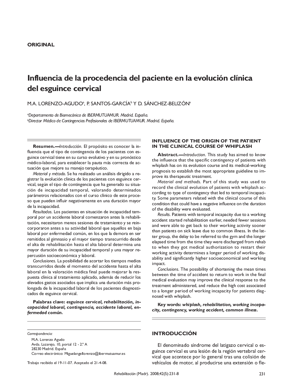 Influencia de la procedencia del paciente en la evolución clínica del esguince cervical