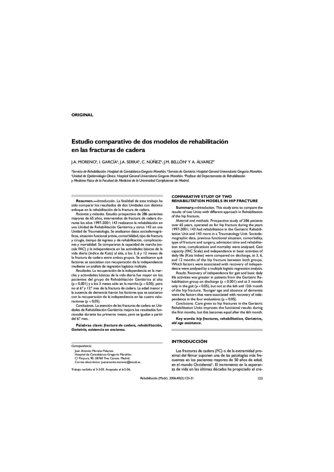 Estudio comparativo de dos modelos de rehabilitación en las fracturas de cadera
