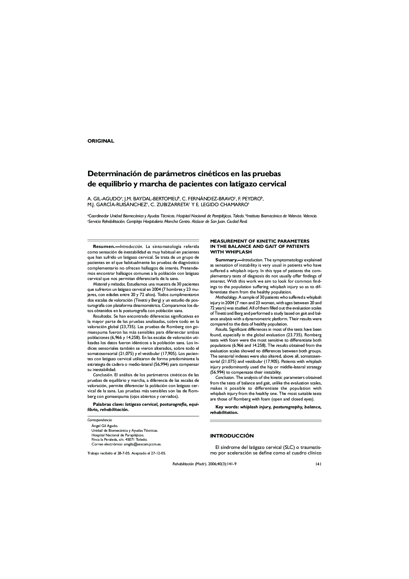 عکس صفحه اول مقاله: Determinación de parámetros cinéticos en las pruebas de equilibrio y marcha de pacientes con latigazo cervical Determinación de parámetros cinéticos en las pruebas de equilibrio y marcha de pacientes con latigazo cervical