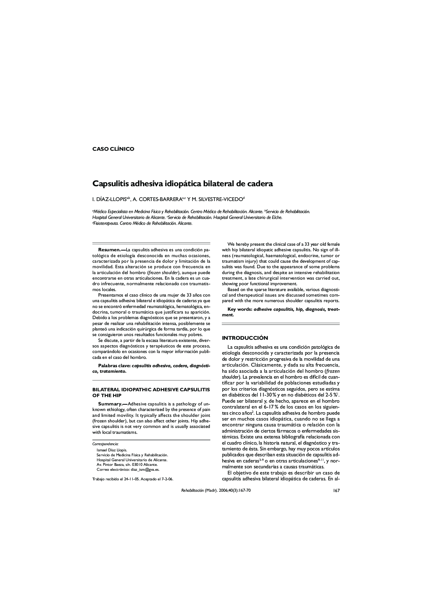 Capsulitis adhesiva idiopática bilateral de cadera