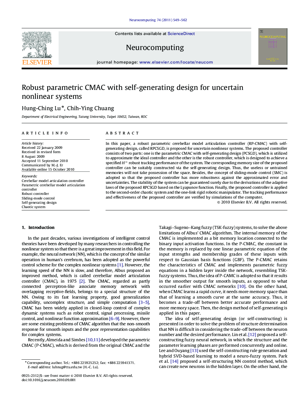 Robust parametric CMAC with self-generating design for uncertain nonlinear systems