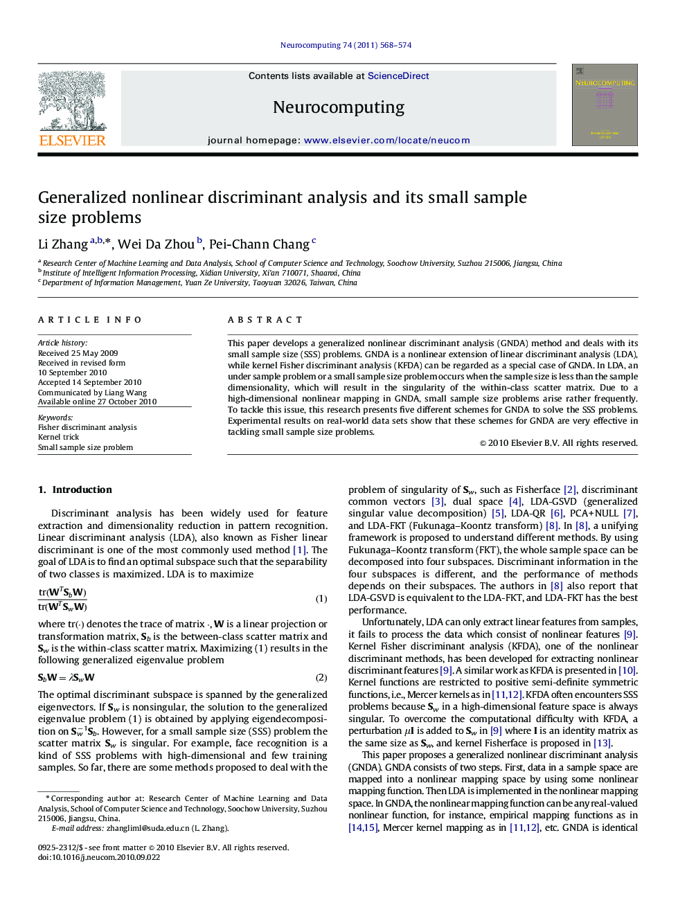 Generalized nonlinear discriminant analysis and its small sample size problems