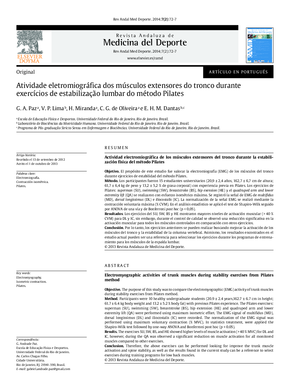 Atividade eletromiográfica dos músculos extensores do tronco durante exercícios de estabilização lumbar do método Pilates