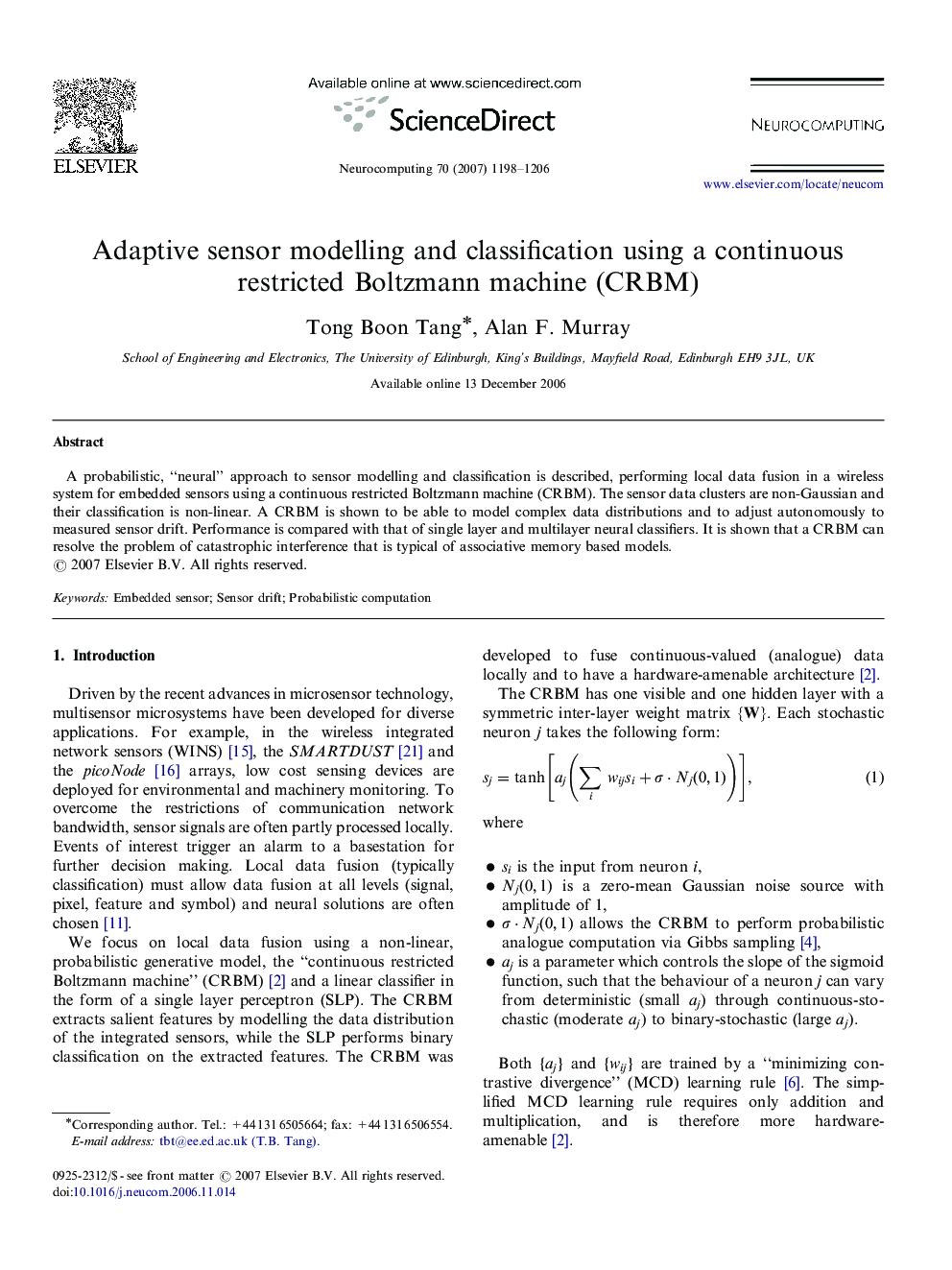 Adaptive sensor modelling and classification using a continuous restricted Boltzmann machine (CRBM)
