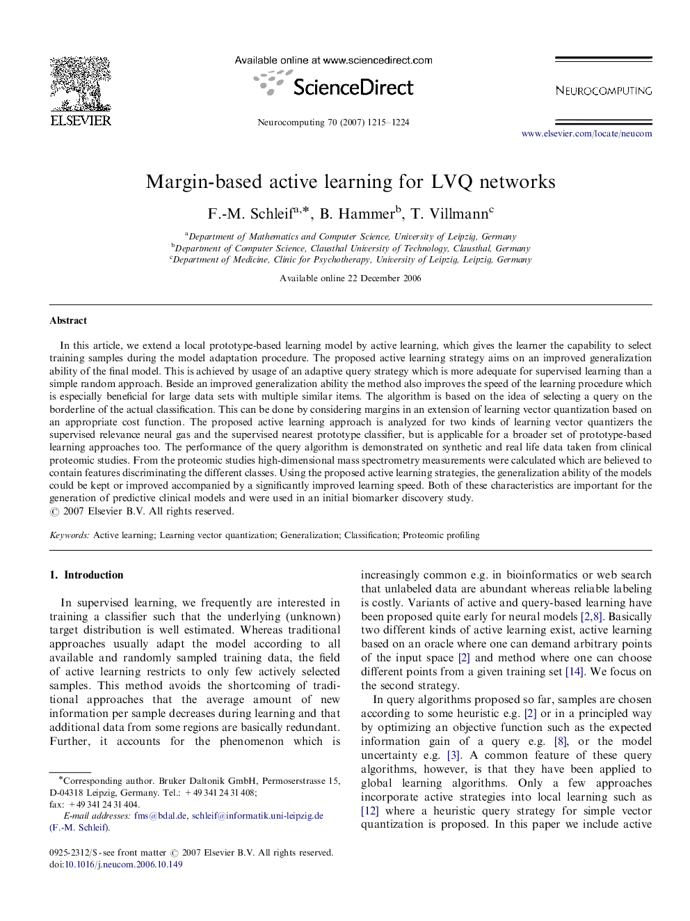 Margin-based active learning for LVQ networks